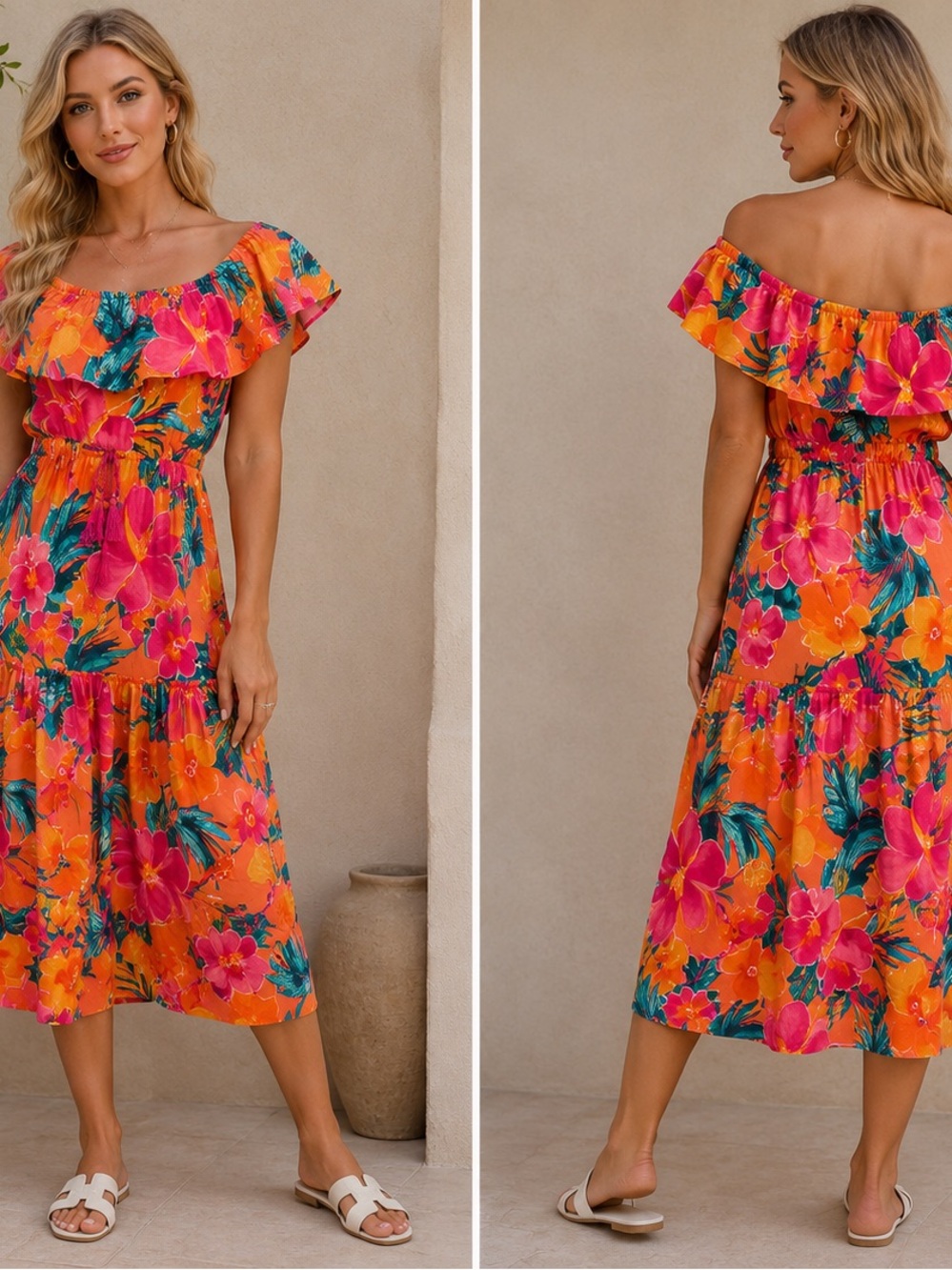 La Blanca Orange Floral One-Shoulder Ruffle Midi Dress